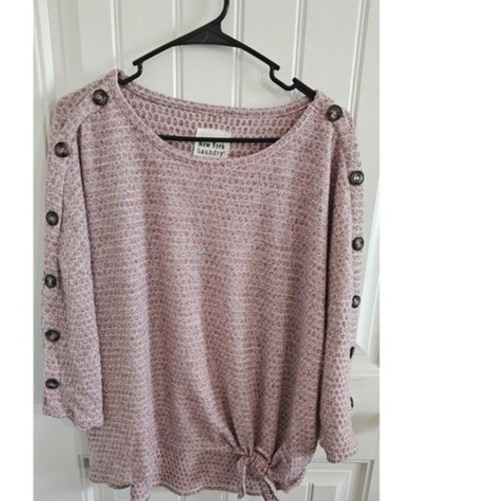 New York Laundry Waffle Knit Top L Pink Used Boho Button Sleeve Tie Front